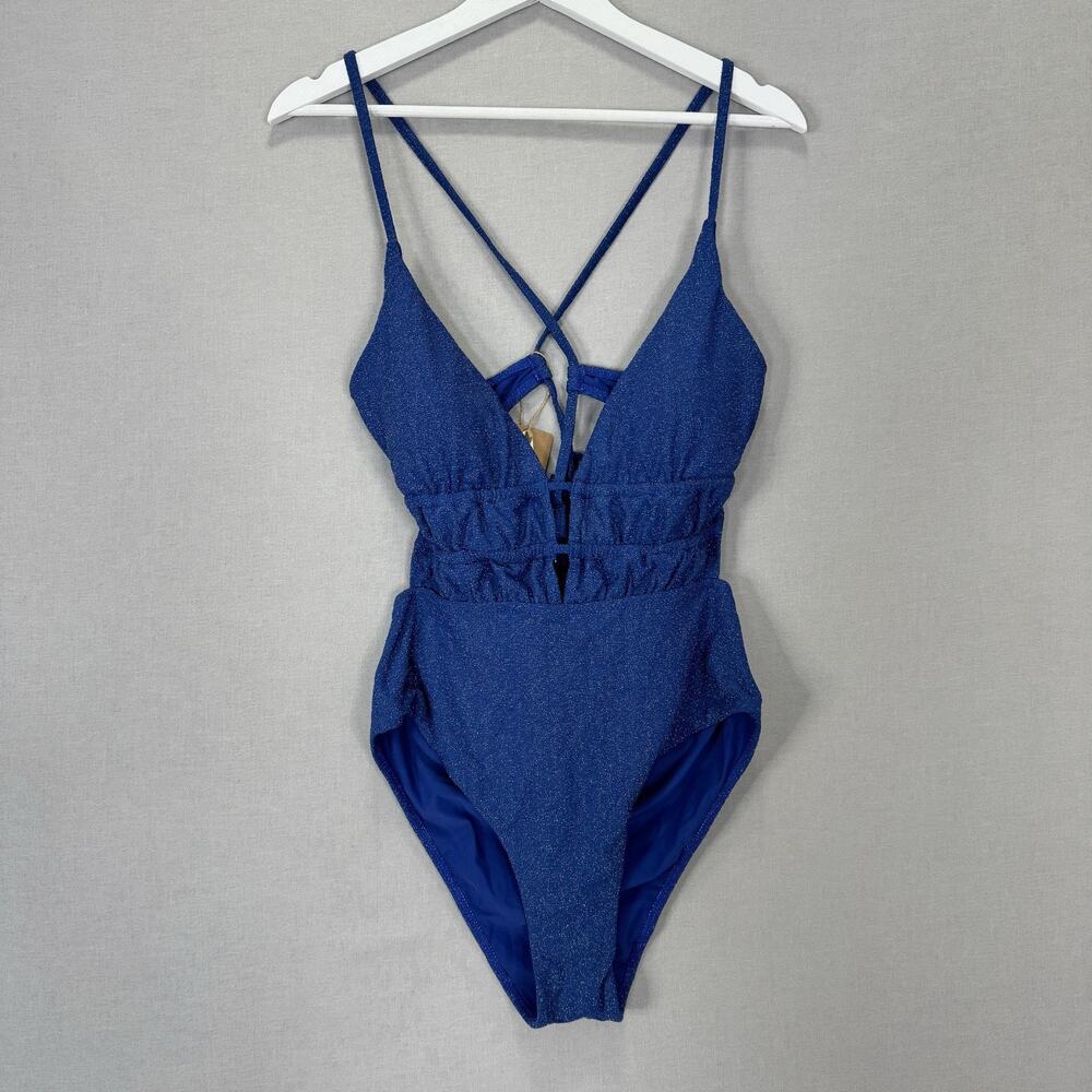Berlook Lurex One-Piece Swimsuit Womens XL Blue Metallic Shimmer Plunge Backless